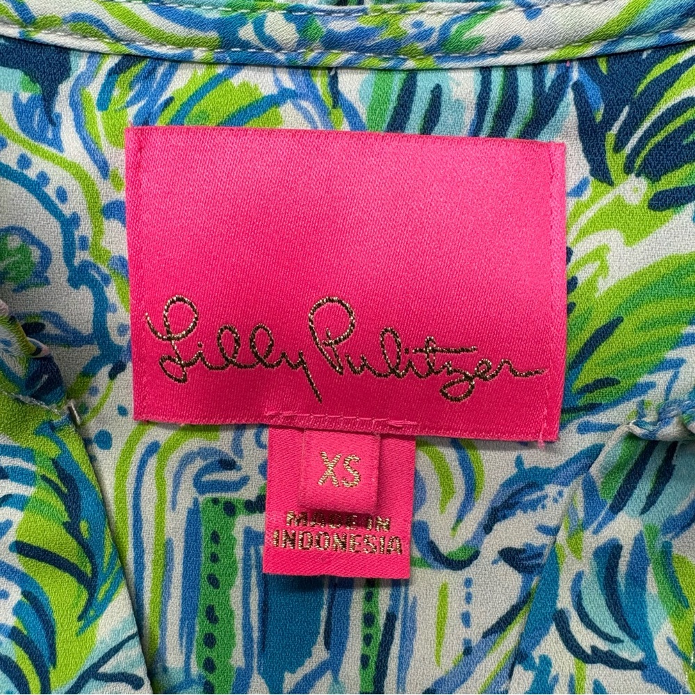 Lilly Pulitzer Dress Womens XS Green Floral Print Boho Shift Long Sleeve Ruffle - Picture 3 of 9